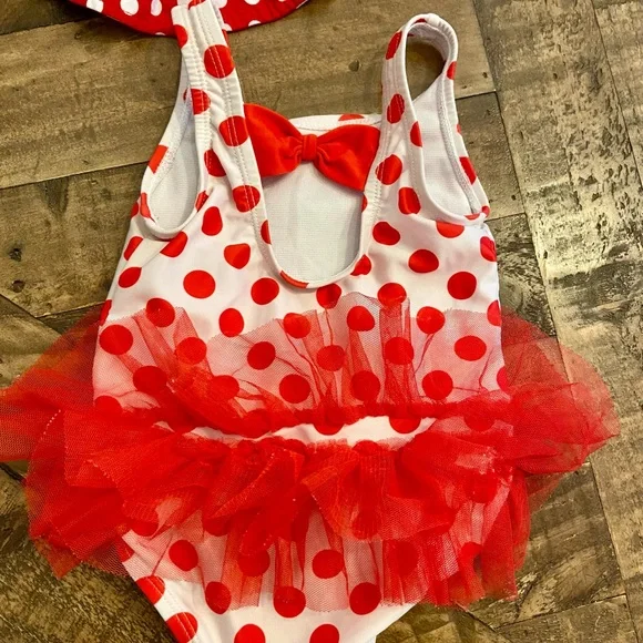 Disney Minnie Mouse red polka dot swimsuit and hat size 12 months - Picture 3 of 5